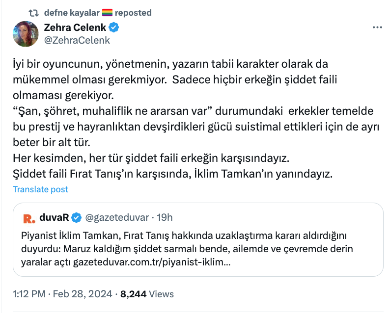 zehra celenk ten firat tanis iklim tamkan olayi ile ilgili carpici yorum